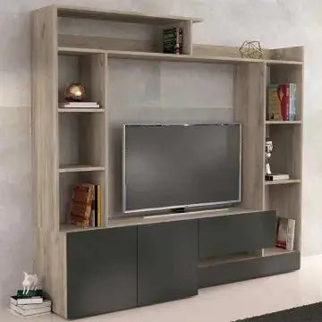 Parete Soggiorno Entry Antracite e Olmo, Dimensioni: cm 180 x 28/40 x 165 h