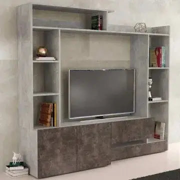 Wohnwand Wohnzimmer Entry Grau Zement und Dunkelgrau: Holz, 180x28/40x165 cm