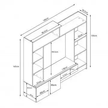 Wohnwand Wohnzimmer Entry Grau Zement und Dunkelgrau: Holz, 180x28/40x165 cm