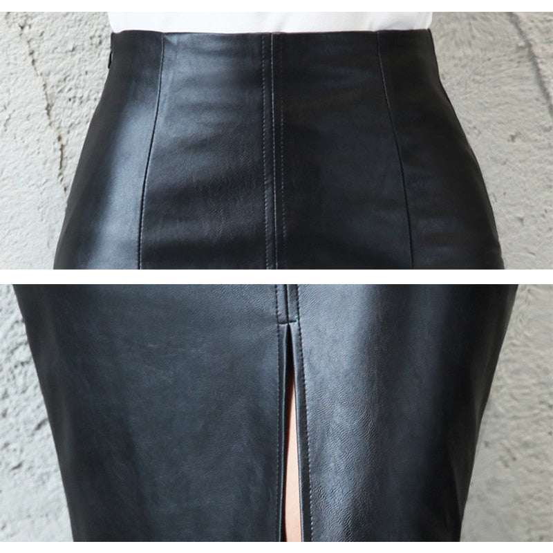 Gonna in Pelle Nera Donna Midi Vita Alta Sexy Bodycon Fashion
