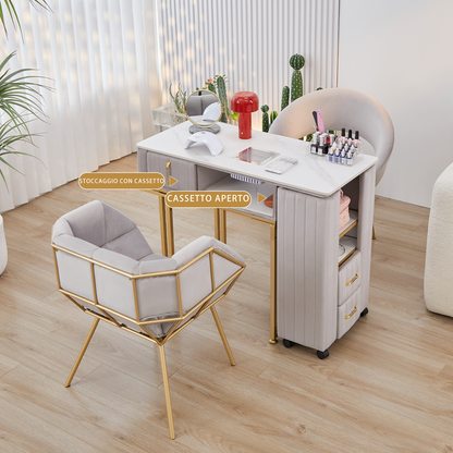 Tavolo per Manicure Professionale per Ricostruzione Unghie e Onicotecnica con 3 cassetti, aspiratore Integrato, Alimentazione Interna e Caricabatterie