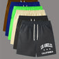 Men's Comfortable Letter Print Shorts, Slightly Stretchy Casual Drawstring Waist Shorts for Basketball Beach Summer Resort