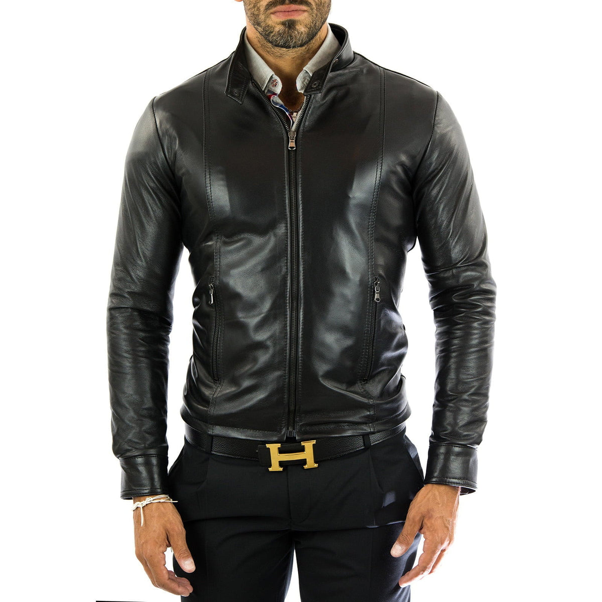 Men's Black Genuine Leather Slim Fit Biker Jacket Front Stitching Rindway