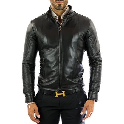 Men's Black Genuine Leather Slim Fit Biker Jacket Front Stitching Rindway