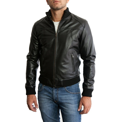Men's Slim Fit Brown Genuine Leather Bomber Jacket with Front Cuts Rindway