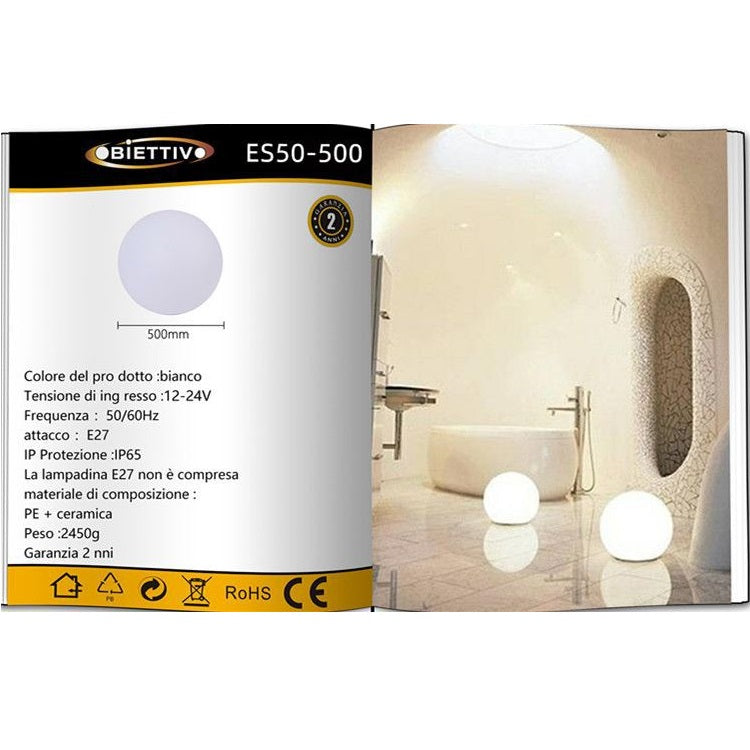 Lampada Sfera Da Giardino Ø 50Cm Luce Esterno Palla Terra E27 Bianco + Picchetti Illuminazione Sentiero Faro Arredamento Feste