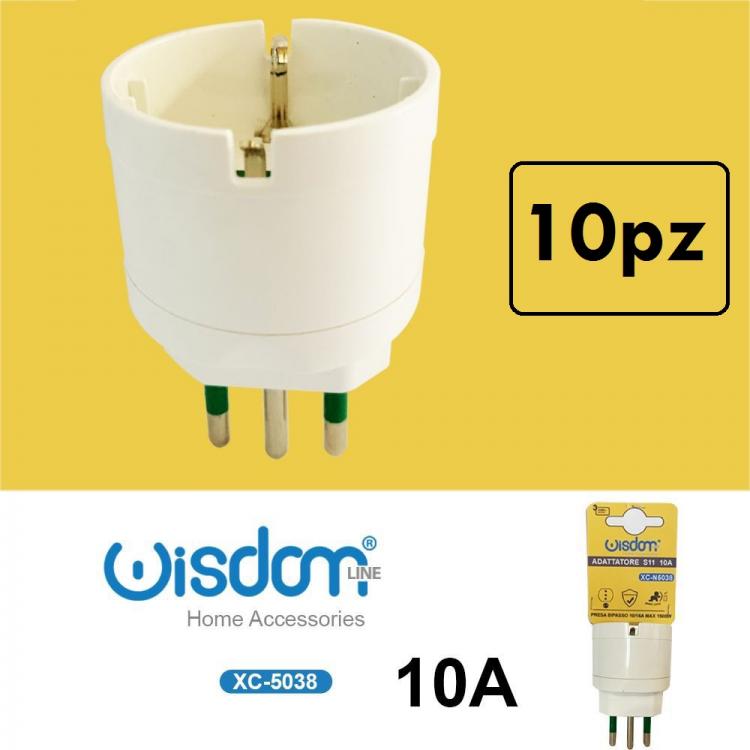 10pz ADATTATORE SPINA PICCOLA 10A S11 CON PRESA SHUKO BIANCO ITALIA 1500W XC5038