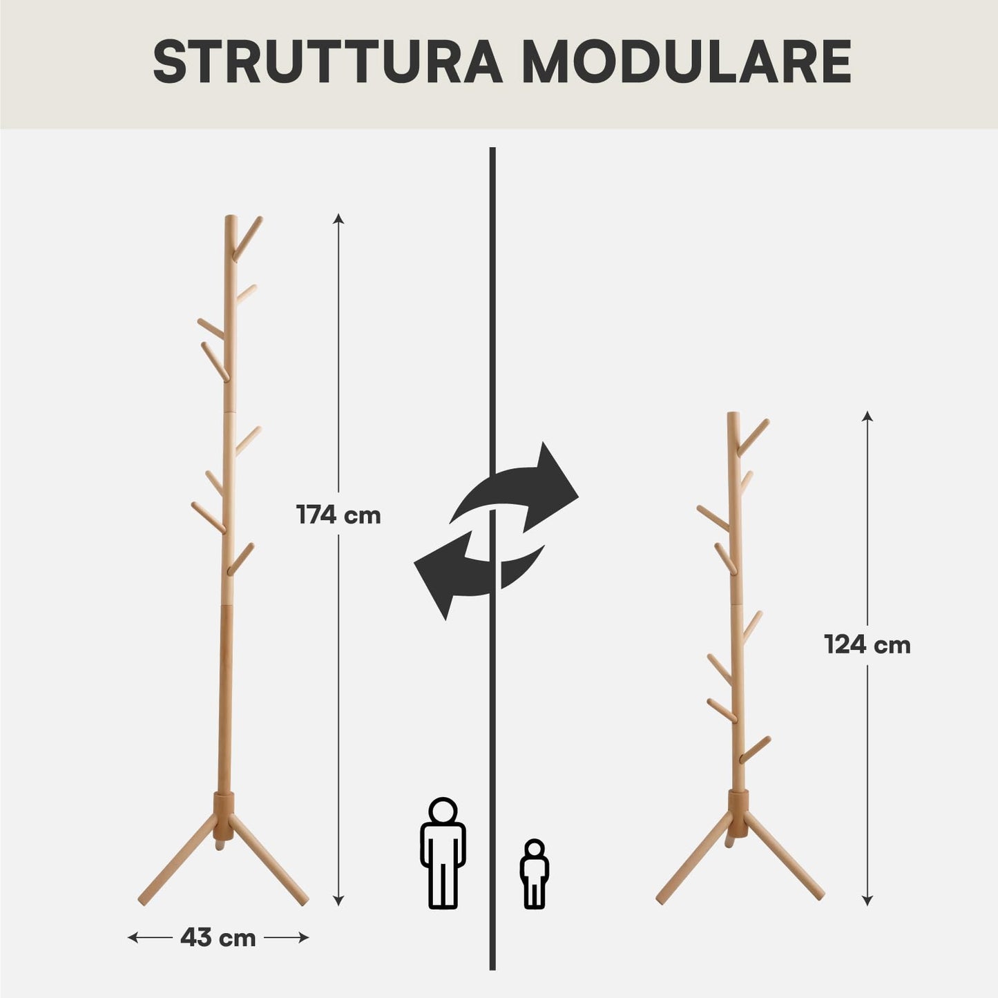 Appendiabiti in legno naturale, 8 ganci, modulare, 174 cm