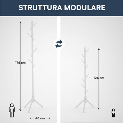 Appendiabiti in legno naturale, 8 ganci, modulare, 174 cm