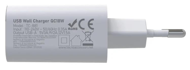 Tecno Schnelllade-Netzteil Typ USB 18W 3A Weiß TC-881 Ladegerät