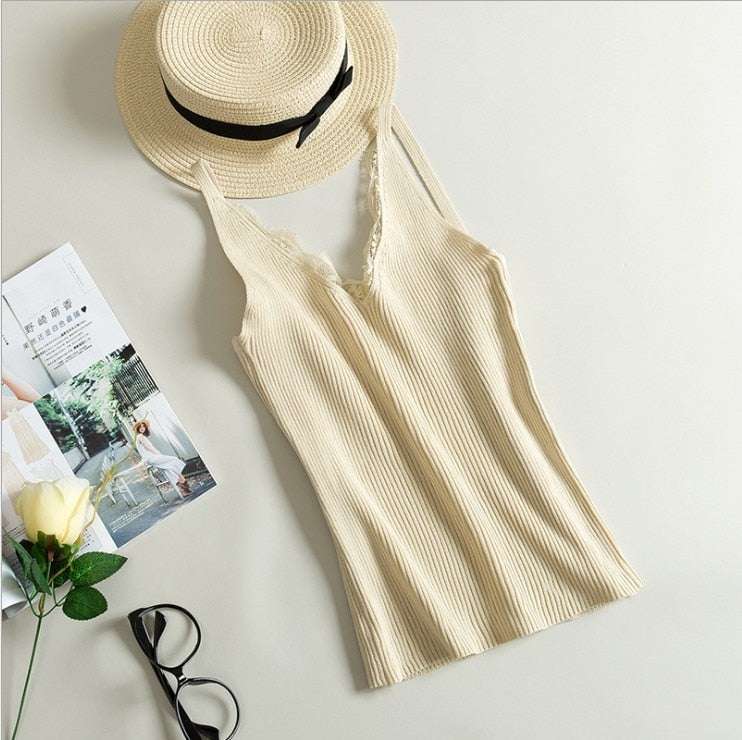 top donna in pizzo con scollo a V