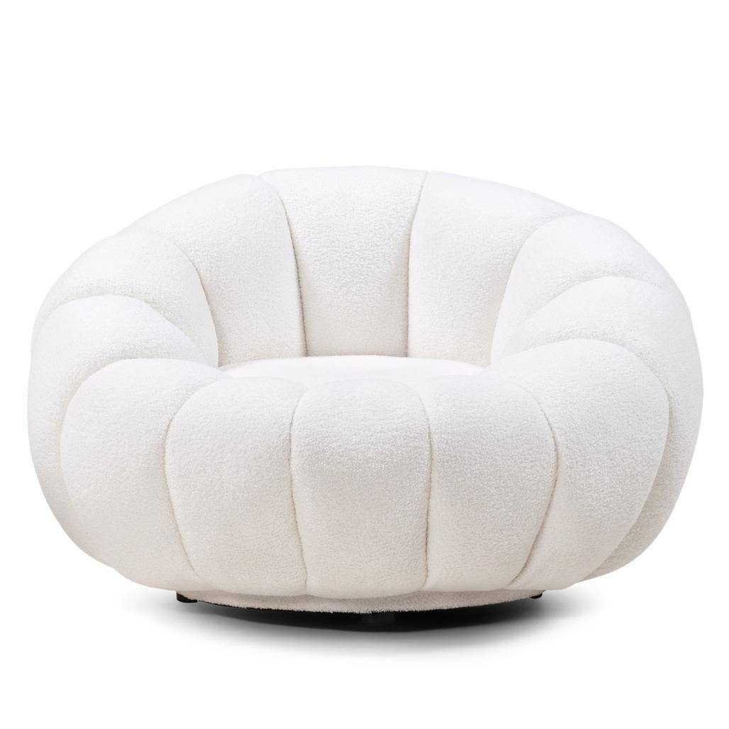 Poltrona girevole LOEL bianca, bouclé, forme arrotondate