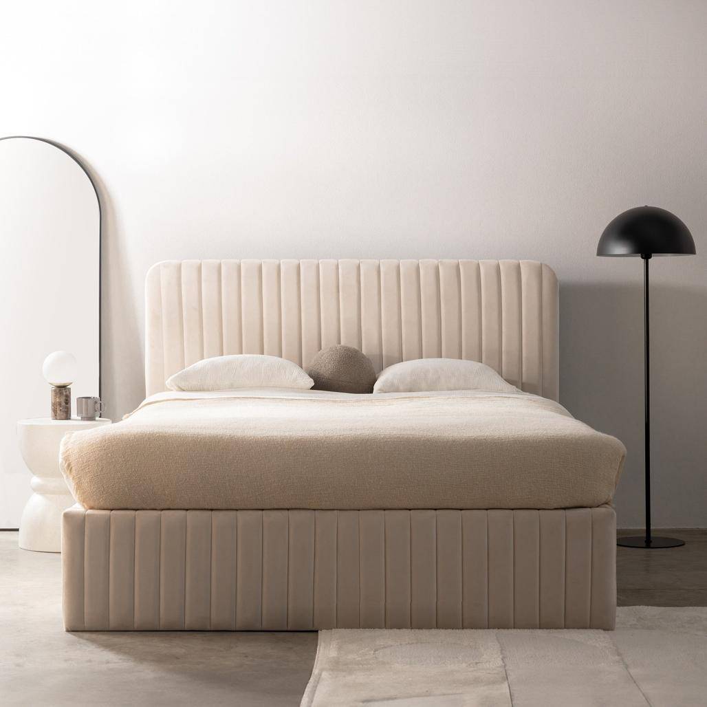 Letto imbottito 160x200 cm ANDRE, velluto beige, con contenitore