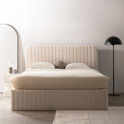 Letto imbottito 160x200 cm ANDRE, velluto beige, con contenitore