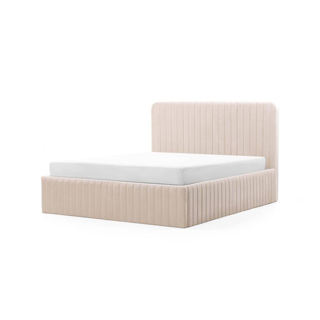 Letto imbottito 160x200 cm ANDRE, velluto beige, con contenitore