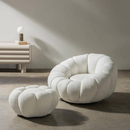 Poltrona girevole LOEL bianca, bouclé, forme arrotondate