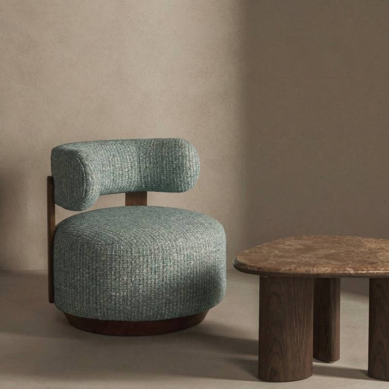 Lounge-Sessel MARABELL, abgerundete Formen, blau-beige/Nussbaum