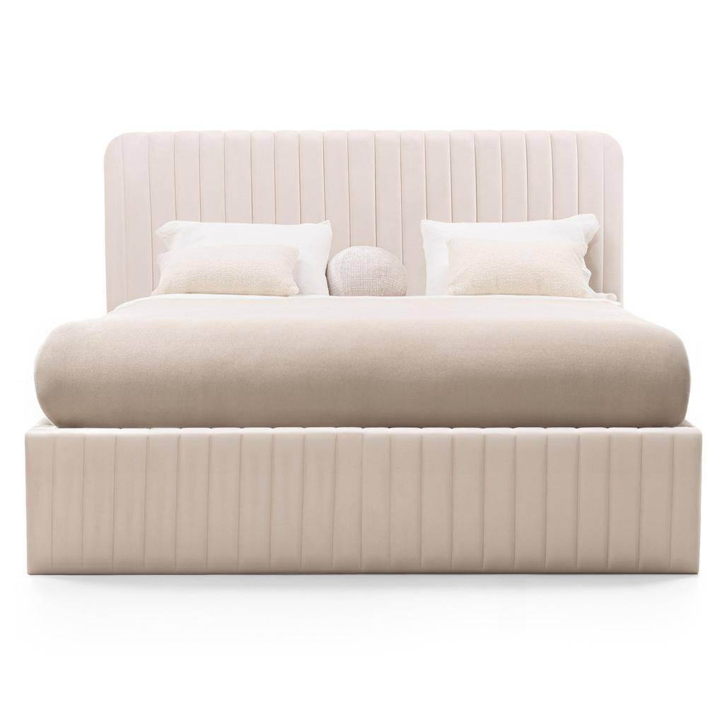 Letto imbottito 160x200 cm ANDRE, velluto beige, con contenitore