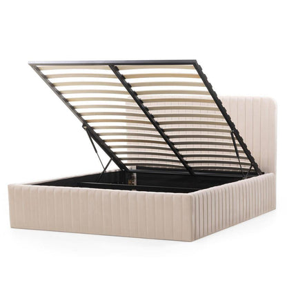 Letto imbottito 160x200 cm ANDRE, velluto beige, con contenitore