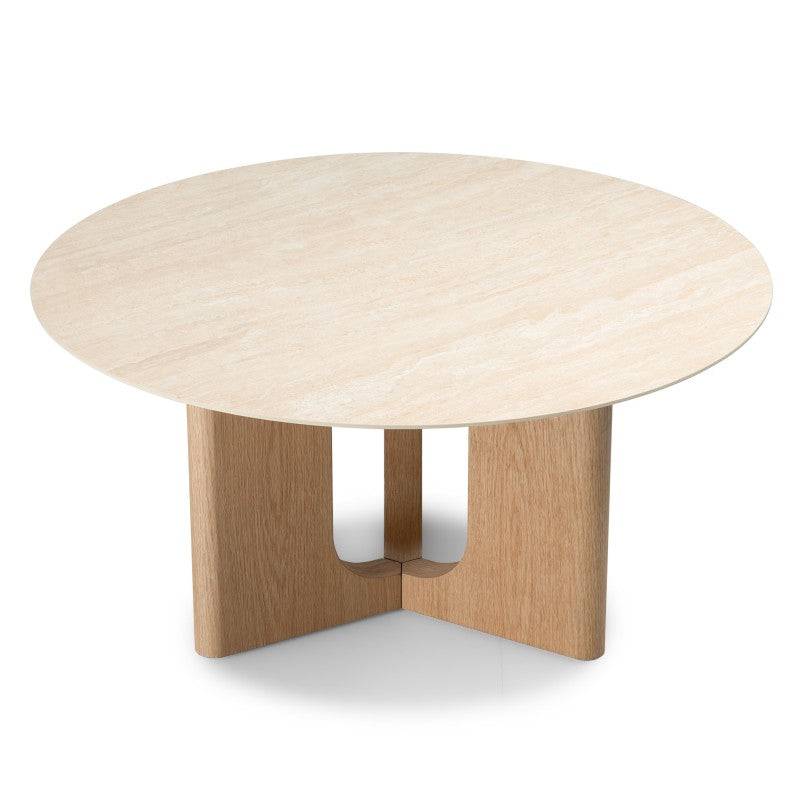 Tavolino KLIMANTO 90 cm, rotondo, travertino/quercia