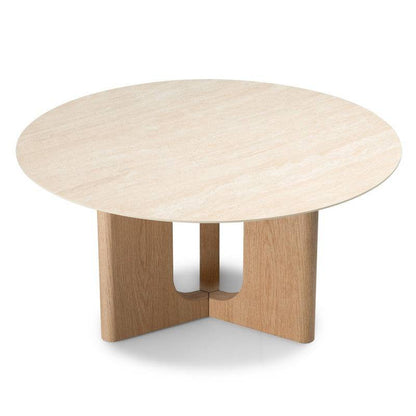 Tavolino KLIMANTO 90 cm, rotondo, travertino/quercia