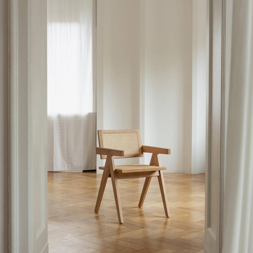 Sedia RENE in legno con intreccio viennese, rattan naturale