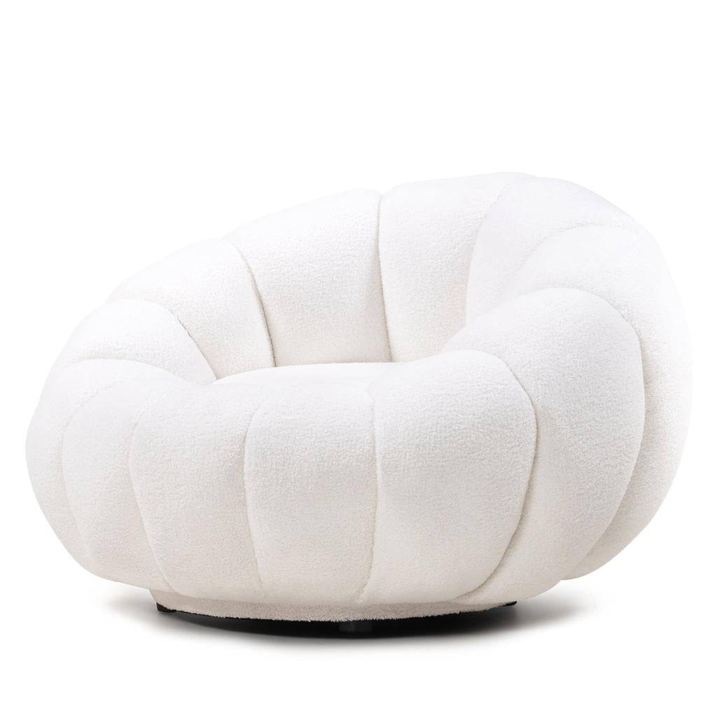 Poltrona girevole LOEL bianca, bouclé, forme arrotondate