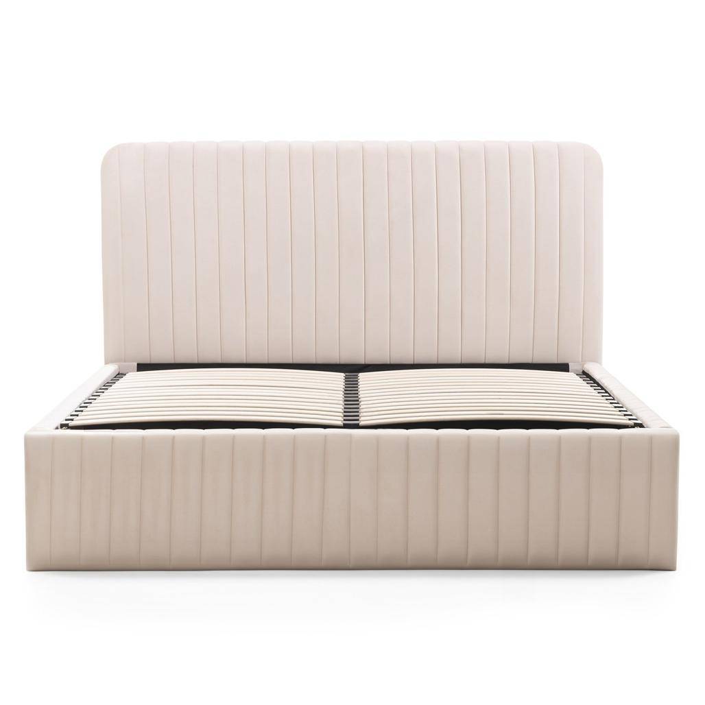 Letto imbottito 160x200 cm ANDRE, velluto beige, con contenitore