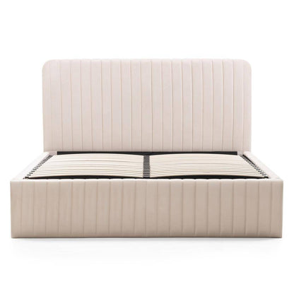 Letto imbottito 160x200 cm ANDRE, velluto beige, con contenitore