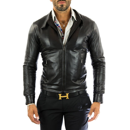 Giacca Biker In Vera Pelle Blu Uomo Slim Cuciture Frontali Rindway
