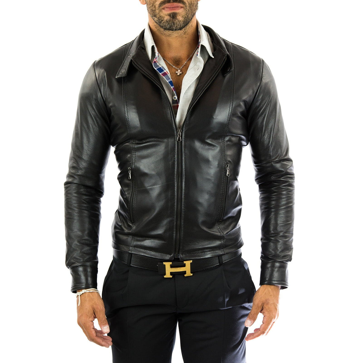 Men's Slim Fit Brown Genuine Leather Biker Jacket Front Stitching Rindway