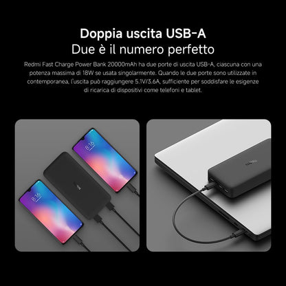 Xiaomi Redmi Power Bank 20000 mAh Fast Charge Black Fast Charging comp. iPhone