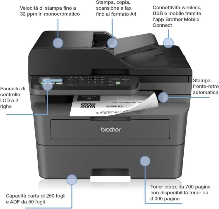 Brother MFCL2800DW Stampante Multifunzione Laser 32 Ppm WI-FI Usb
