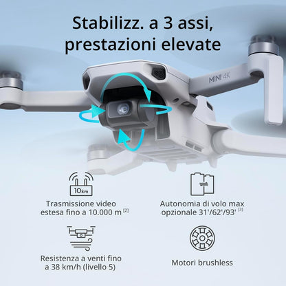 DJI Mini 4K, Drohne für Erwachsene, 4K HD Kamera, RC-N1 Funkfernsteuerung UHD Kamera < 249 g, 3-Achsen Stabilisierung, 10 km Videoübertragung, automatische Rückkehrfunktion, Windwiderstand, 1 Akku für 31 Min. Flugzeit, intelligenter Flug
