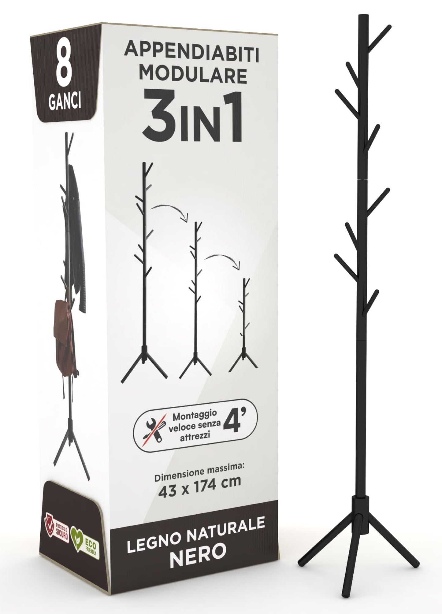 Appendiabiti in legno naturale, 8 ganci, modulare, 174 cm