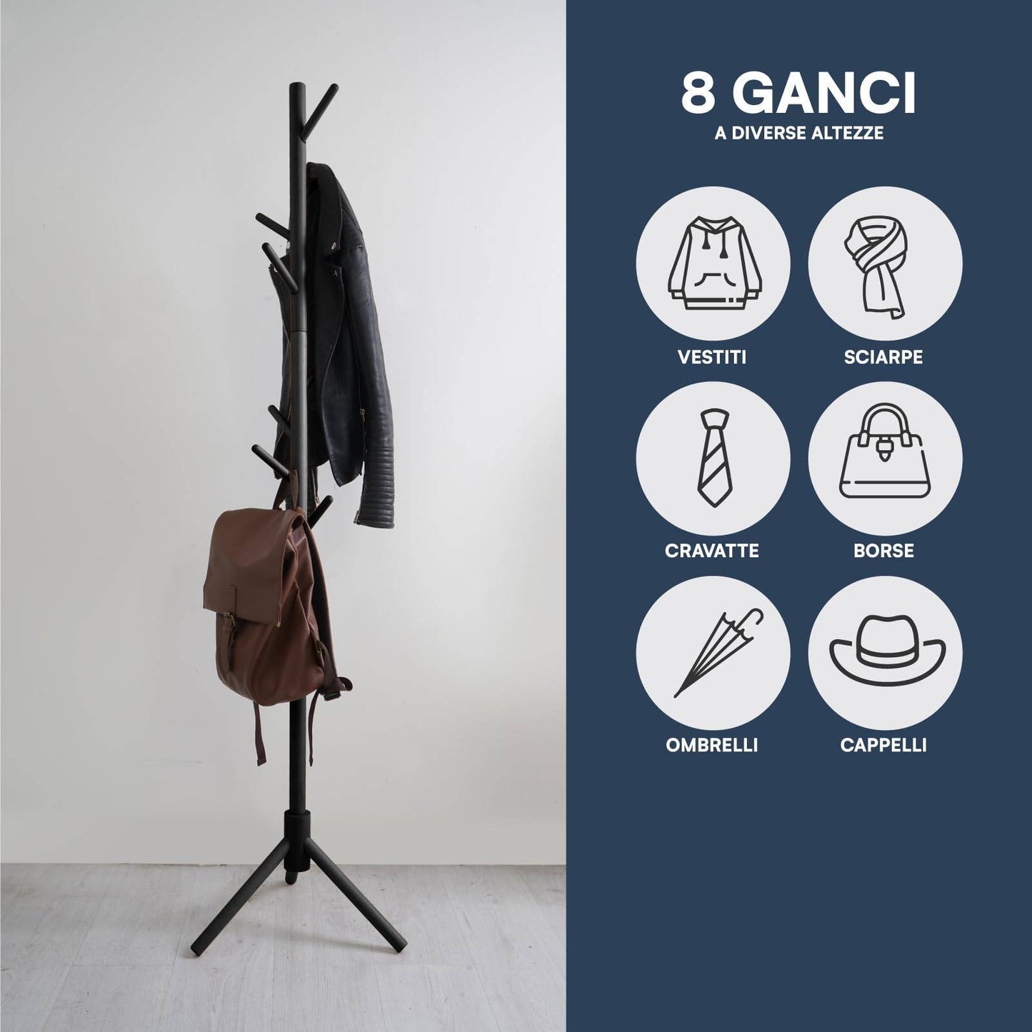 Appendiabiti in legno naturale, 8 ganci, modulare, 174 cm