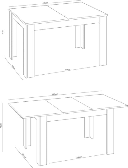 Ausziehbarer Esstisch, Hochglanzweiß, 90x140/190 cm – Mittige Verlängerung und skandinavischer Stil