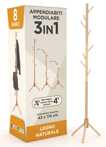 Appendiabiti in legno naturale, 8 ganci, modulare, 174 cm