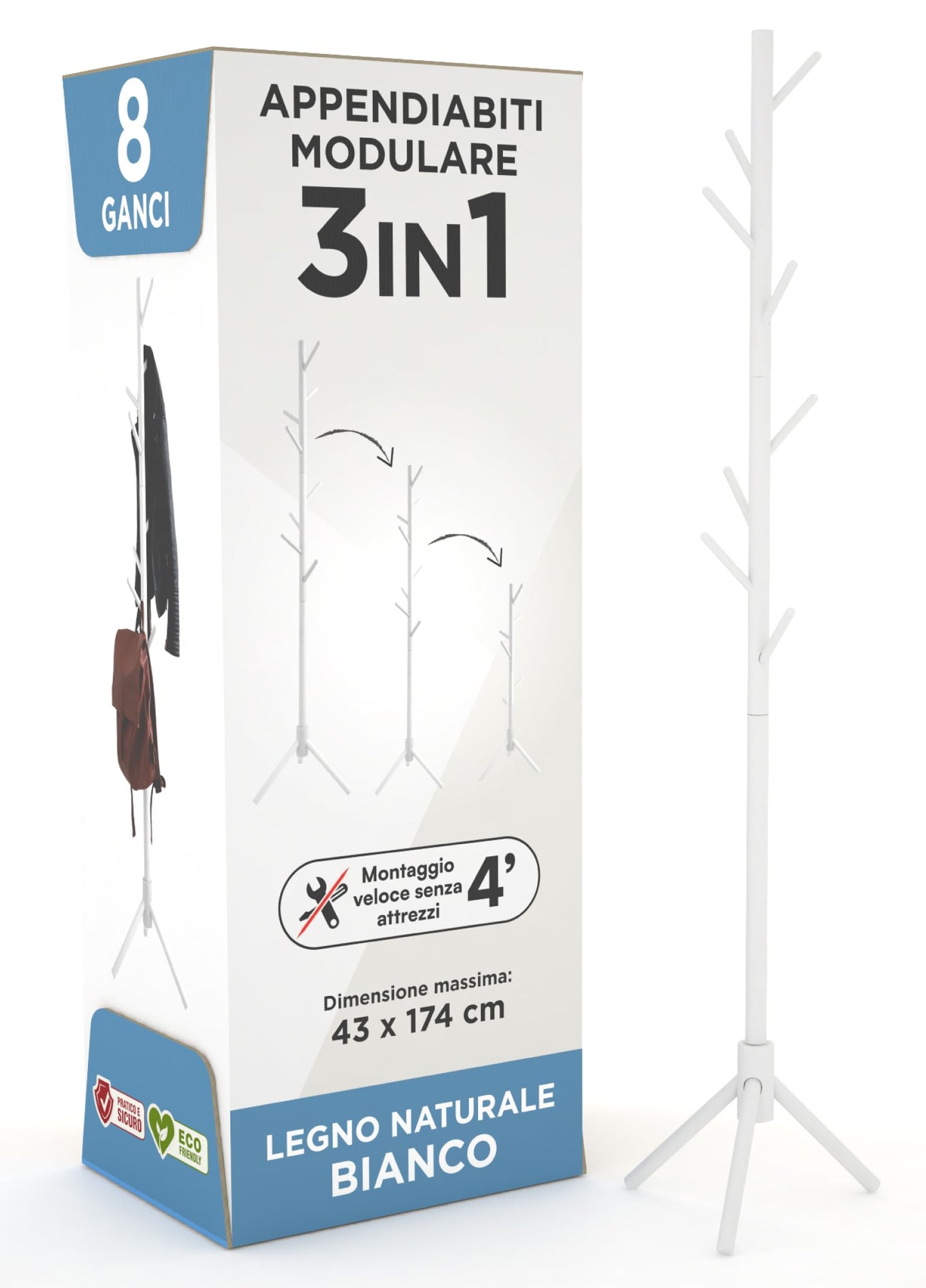 Appendiabiti in legno naturale, 8 ganci, modulare, 174 cm