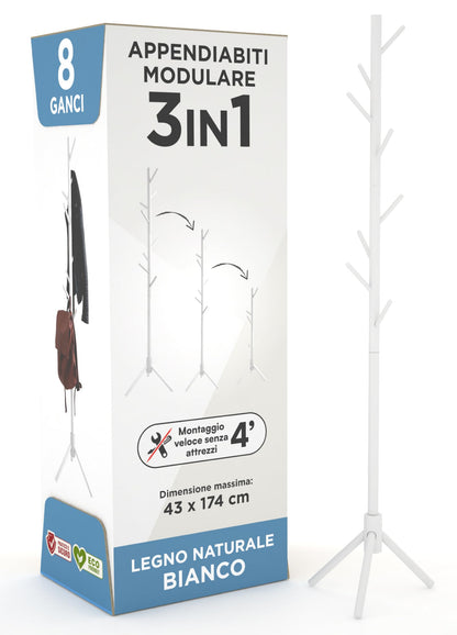 Appendiabiti in legno naturale, 8 ganci, modulare, 174 cm