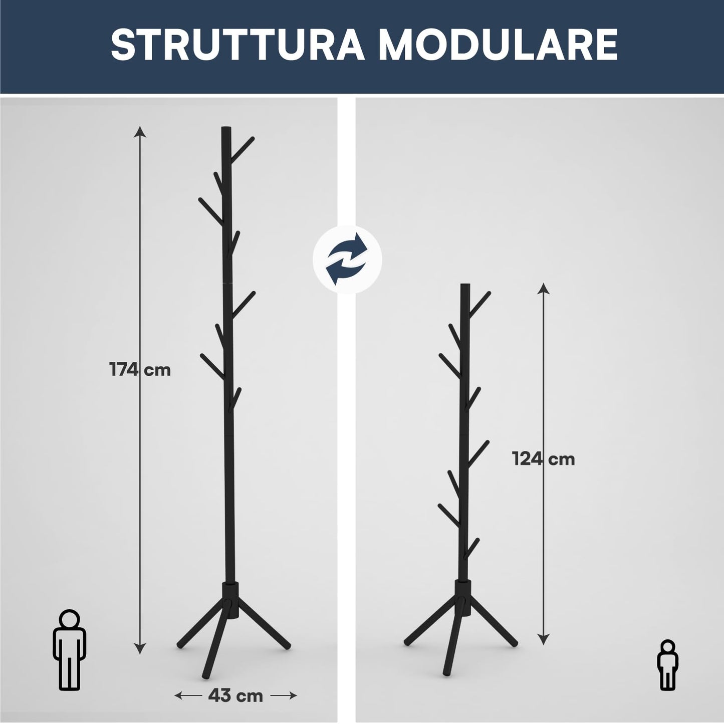 Appendiabiti in legno naturale, 8 ganci, modulare, 174 cm
