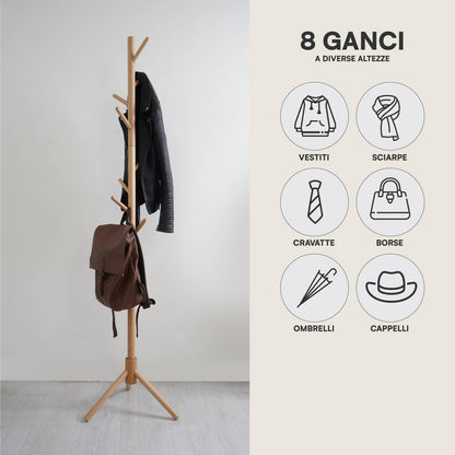 Appendiabiti in legno naturale, 8 ganci, modulare, 174 cm