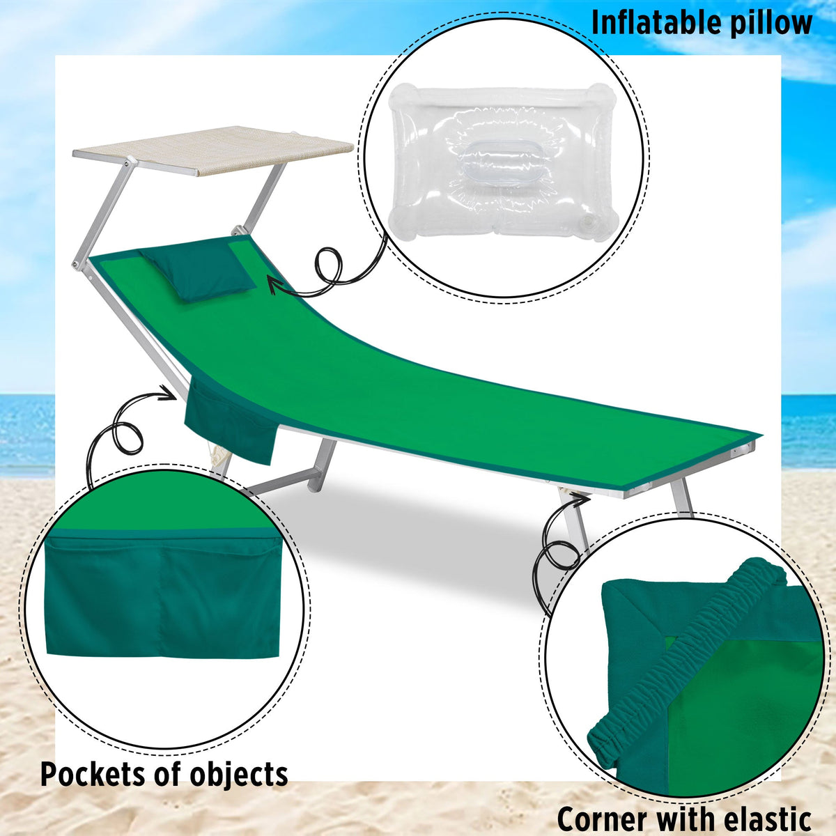 Telo mare microfibra coprilettino con elastici tasche e cuscino gonfiabile 6800
