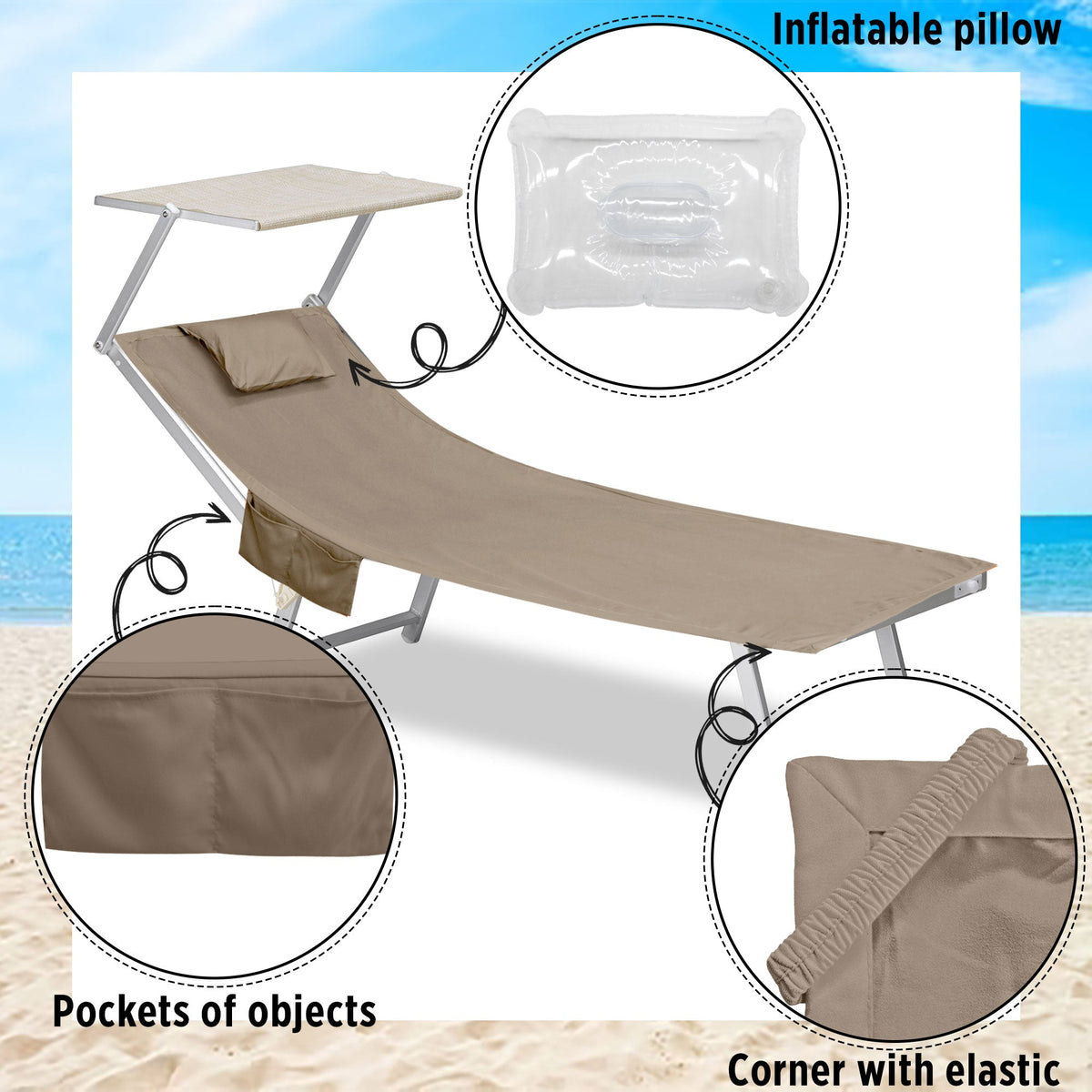 Telo mare microfibra coprilettino con elastici tasche e cuscino gonfiabile 6800