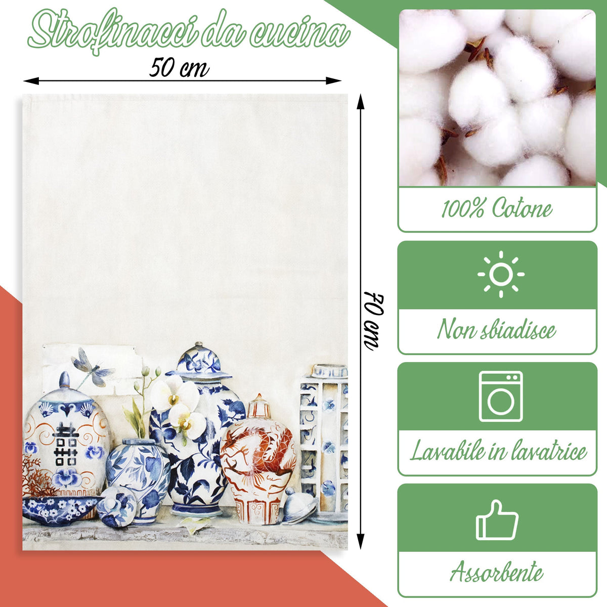 Set 6 Strofinacci cucina stile orientale canovacci vasi Giappone in cotone 6871