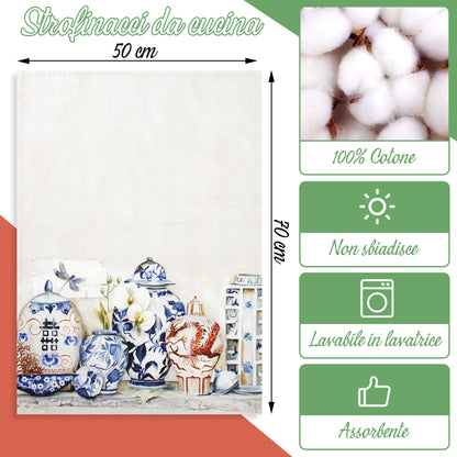 Set 6 Strofinacci cucina stile orientale canovacci vasi Giappone in cotone 6871