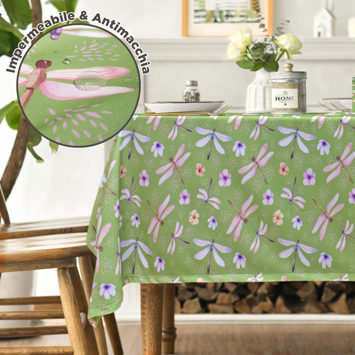 Stain-resistant waterproof tablecloth x6 Dragonfly print 140x180 6919