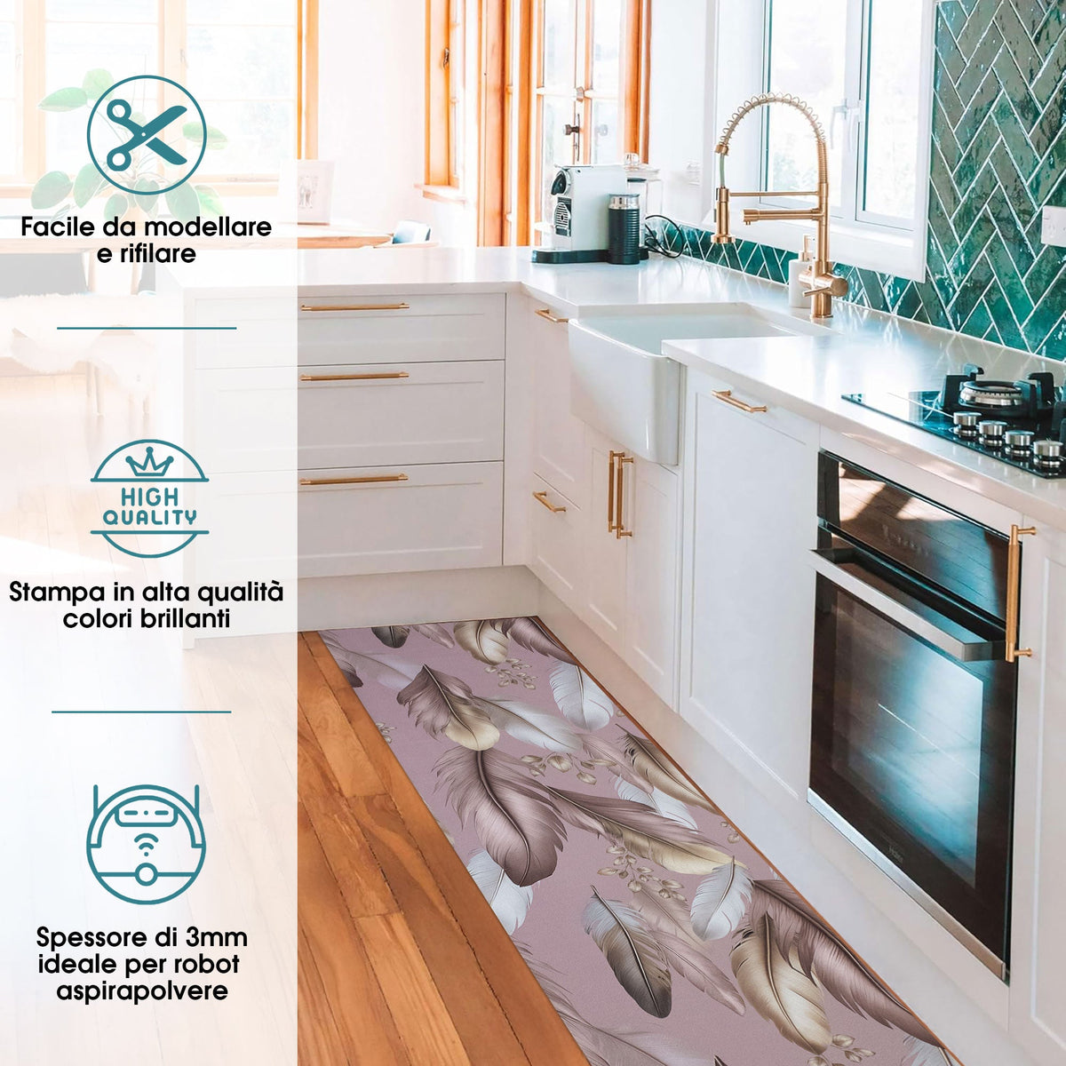 Tappeto cucina passatoia antiscivolo a metro stampa digitale Piume gommato 7122
