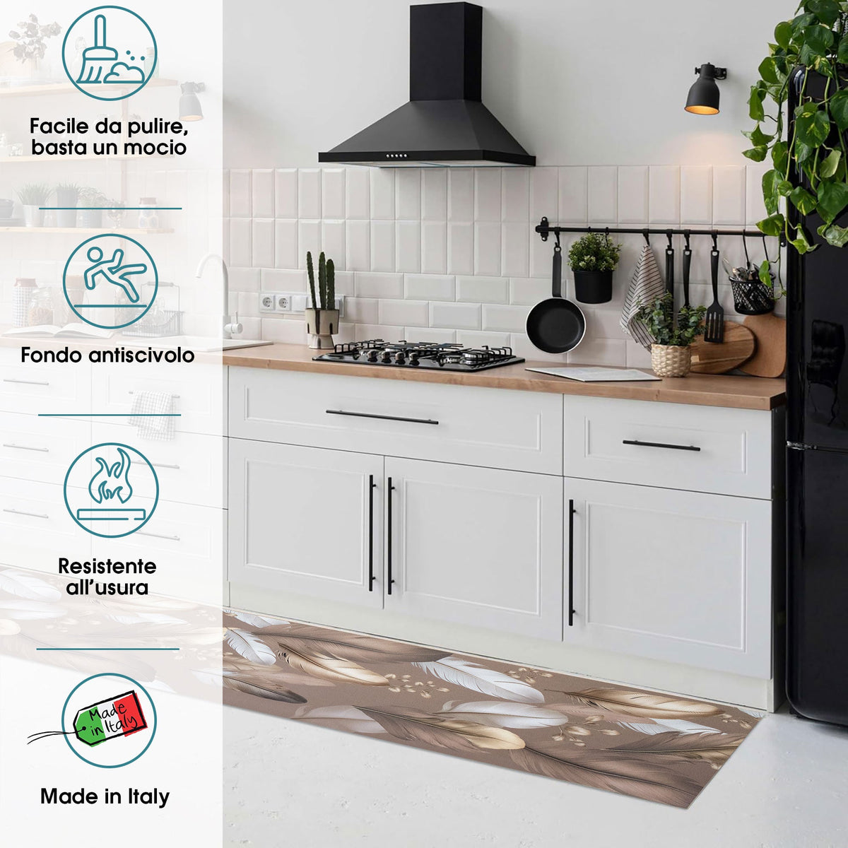 Tappeto cucina passatoia antiscivolo a metro stampa digitale Piume gommato 7122