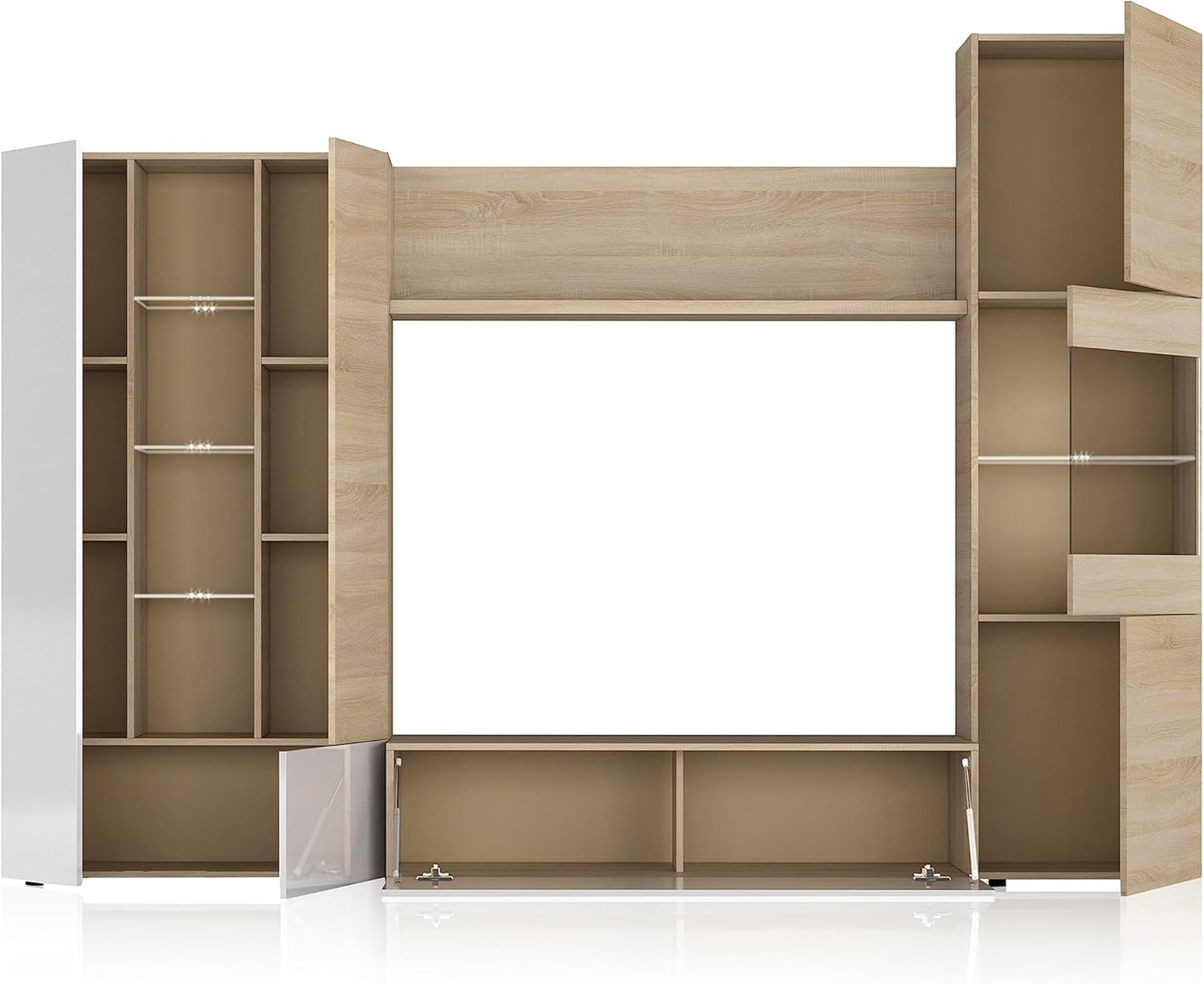 Mobile soggiorno Essenzial LED - 260x185x42 cm, bianco lucido/canadian